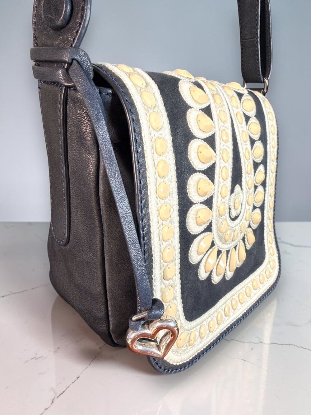 Brighton Masterpiece "Crown Jewel" Navy Leather Shoulder Crossbody Bag -Like New - Picture 4 of 15